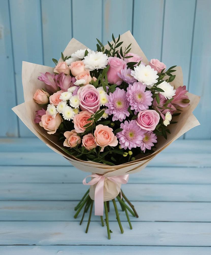 Букет цветов из: Хризантемы, Розы и Альстромерии в Белой Калитве