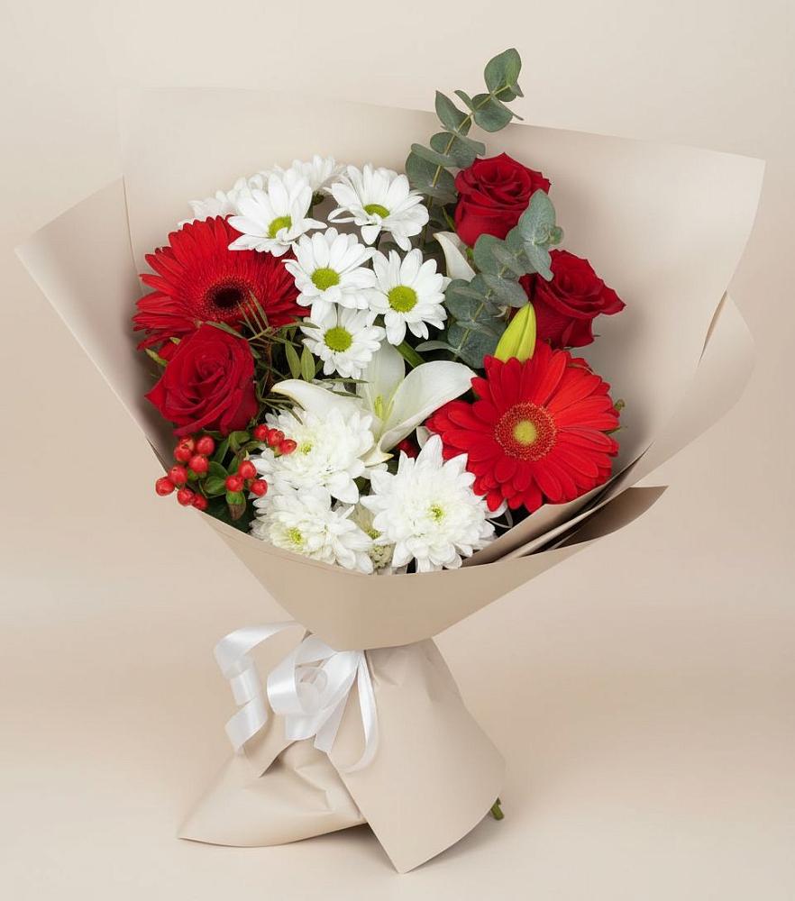 Букет цветов из: Розы, Хризантемы, Герберы и Лилии в Белой Калитве