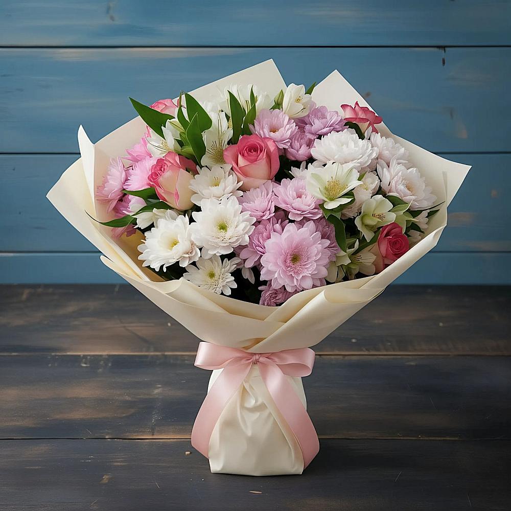 Букет цветов из: Хризантемы, Альстромерии и Розы в Белой Калитве